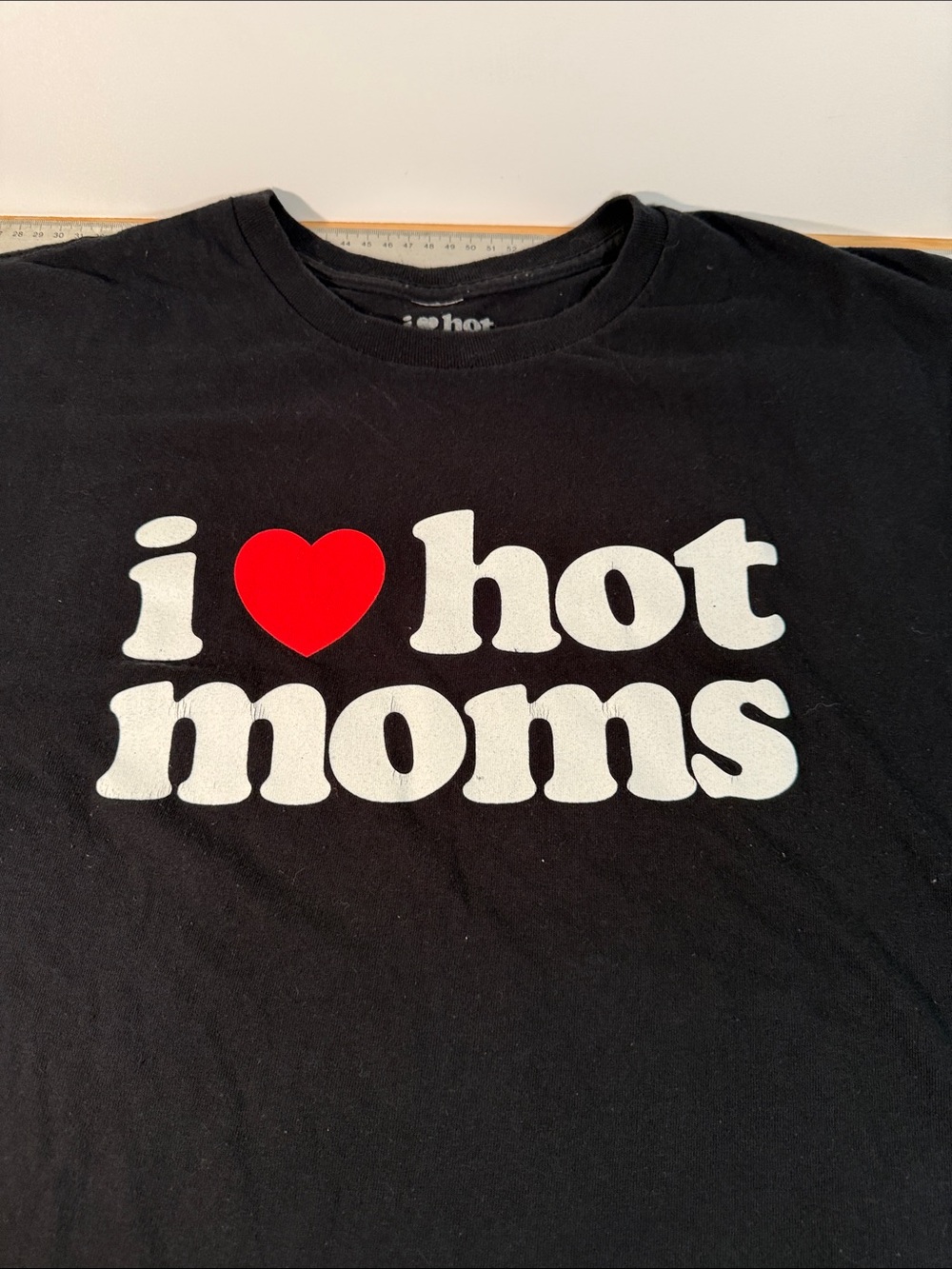 Novelty Black Graphic Tee with Red Heart "I Love Hot Moms"